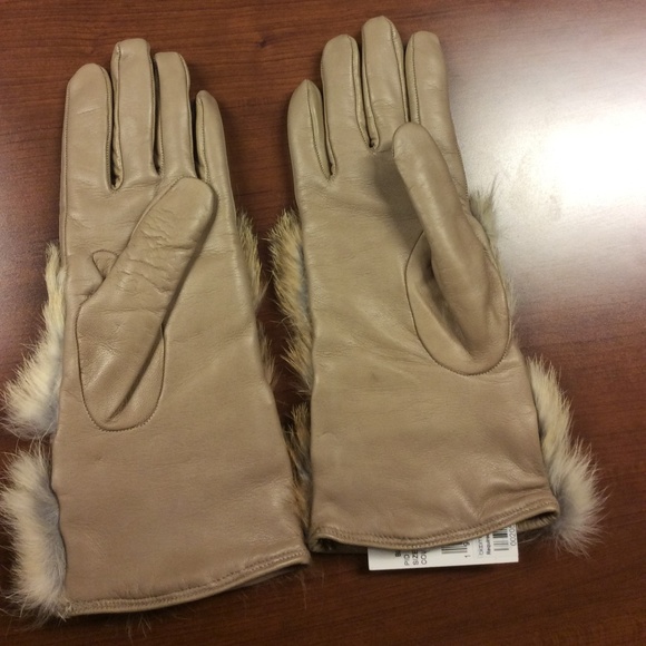 Leather Cashmere Lined Rabbit Fur  Gloves - Picture 6 of 7